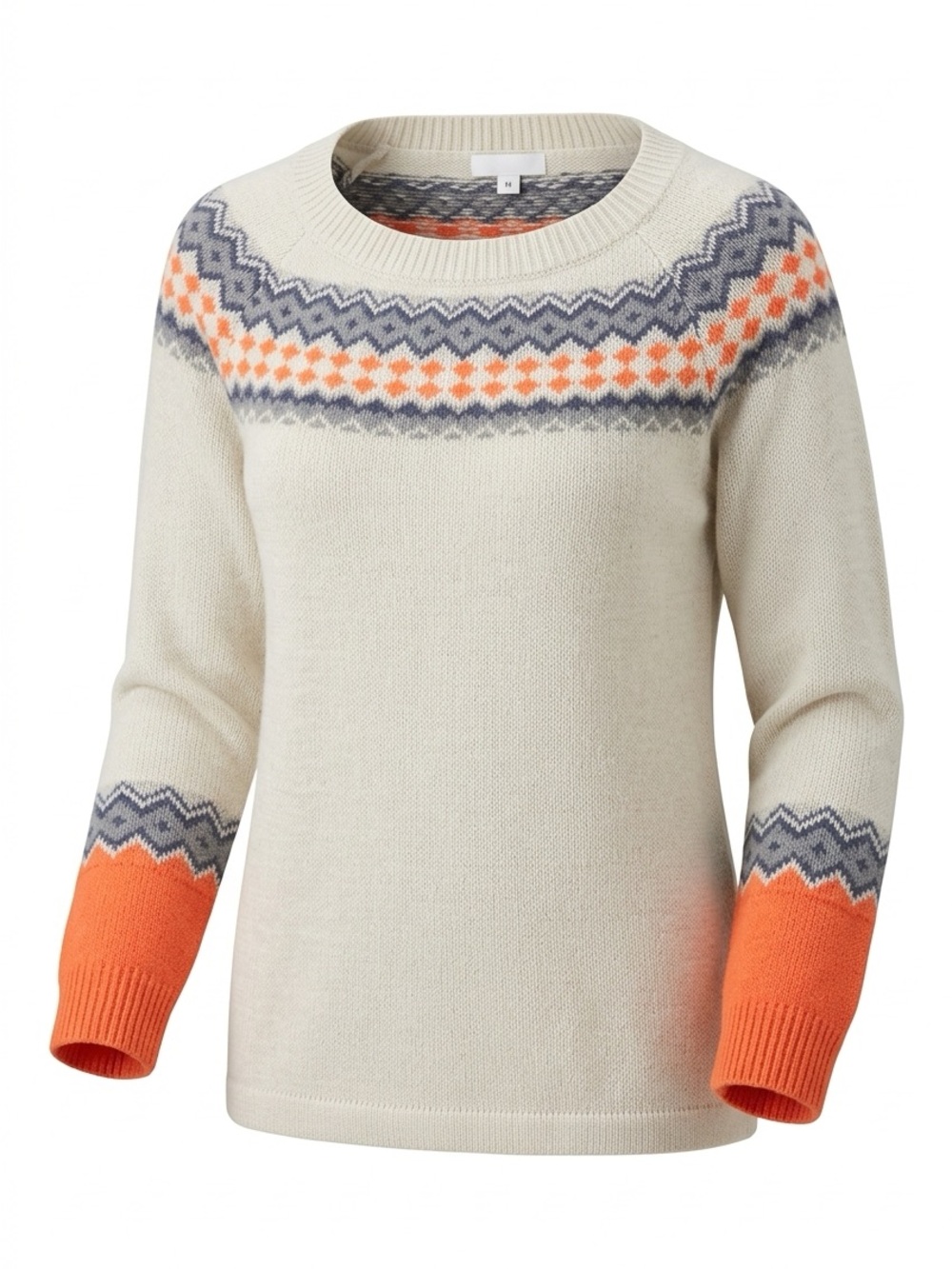 Cream Fair Isle Crewneck Sweater with Orange Accents
